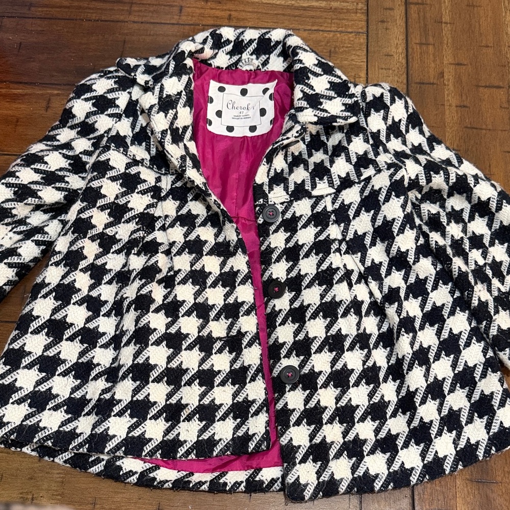 Cherokee Black and White Houndstooth Blazer with Pink Lining